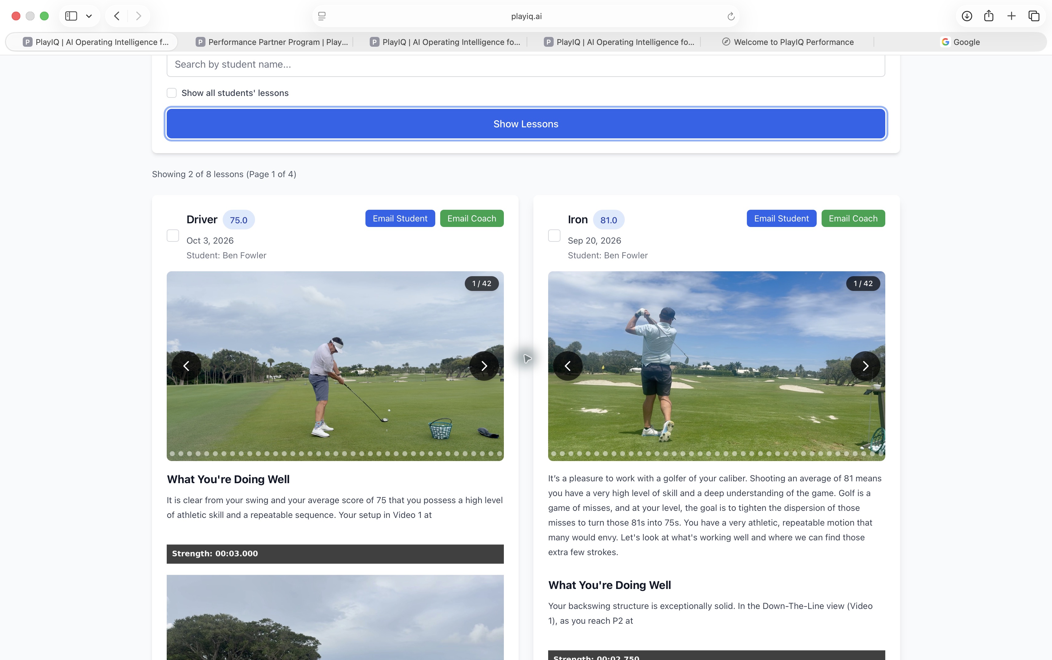 PlayIQ lesson review showing swing video frames and written coaching feedback