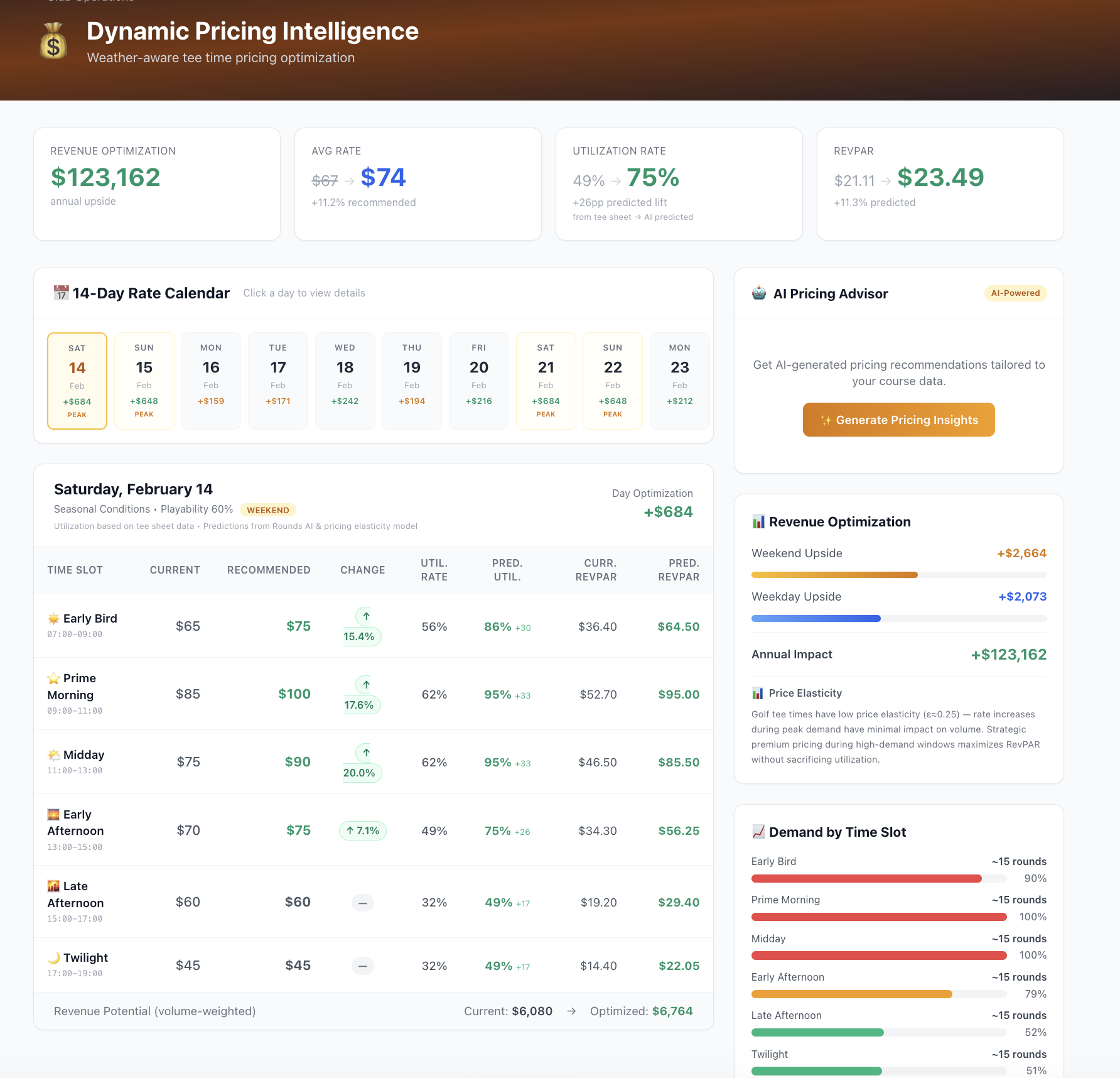 Dynamic Pricing Intelligence — 14-day rate calendar, time slot optimization, $123K annual impact, revenue optimization with price elasticity