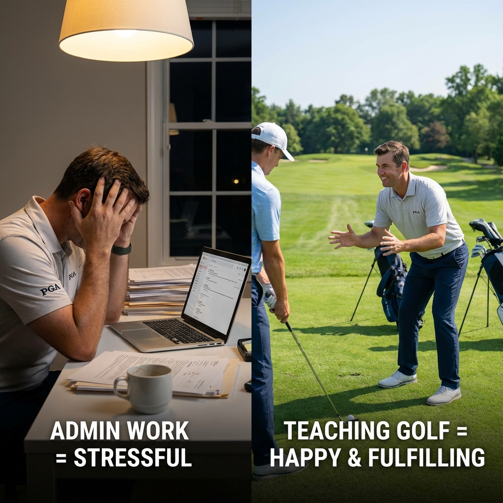 Comparison: Coach stressed doing admin work vs. Coach happy teaching on the lesson tee